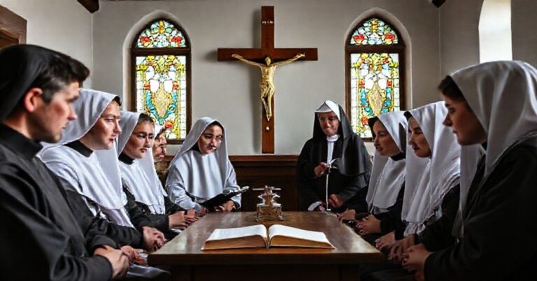 Grupa młodzieży zakonnej w kaplicy podczas spotkania formacyjnego w Kazimierzu Biskupim