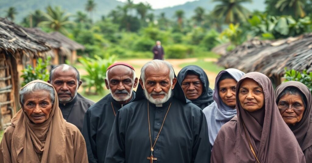 Grupa misjonarzy katolickich na tle krajobrazu Angoli, z tradycyjnymi chatkami i bujną roślinnością. Twarze misjonarzy są wytrwałe i pełne wiary.
