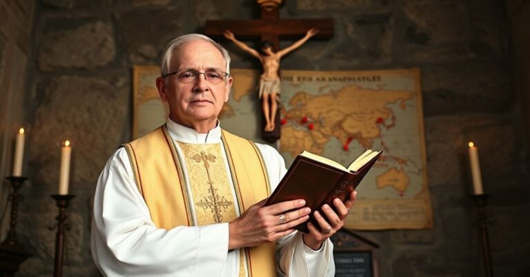 Prawdziwy katolicki księża w tradycyjnych szatach liturgicznych stoi przed krzyżem, trzymając brewiarz, z troskliwym wyrazem twarzy w ciemnej kaplicy.