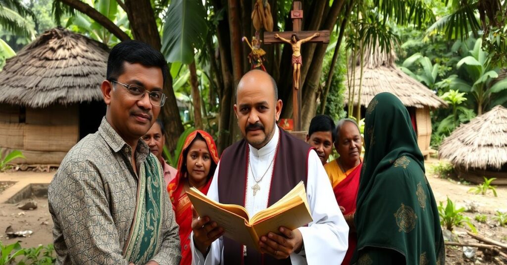 Scena przedstawiająca misjonarza katolickiego w Bangladeszu dokumentującego języki tubylcze. Wokół niego ludzie miejscy z rękopisami i krzyżem, na tle dżungli i wioski tradycyjnej.