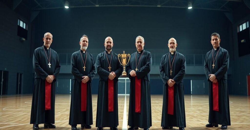 Grupa księży w stroju sportowym na boisku futsalu w Lublinie, trzymająca puchar. Ciemny halowy tło zwiększa kontrast między sakrum i profanum.