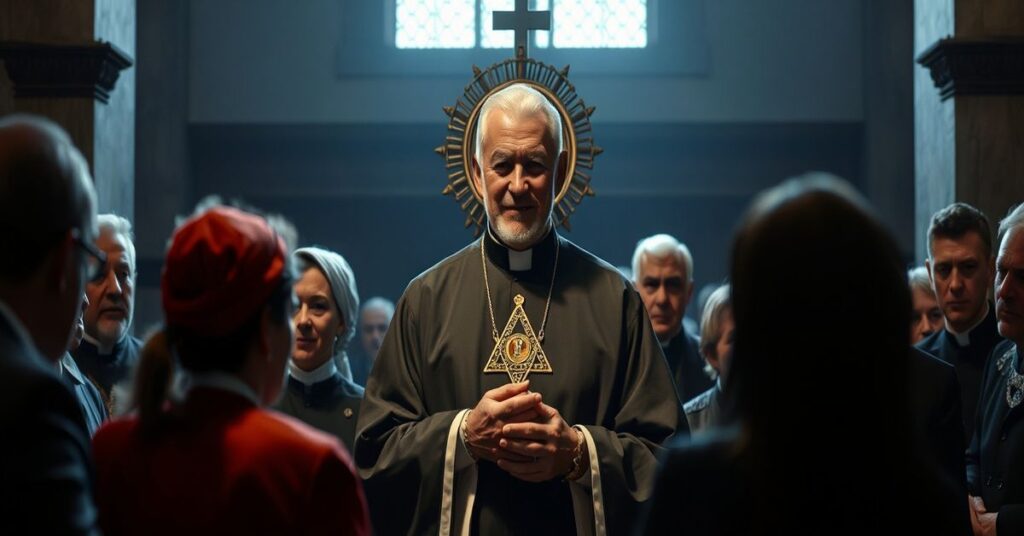 Portret rzekomej beatyfikacji Salvadora Valery Parry w Huércal-Overa z elementami modernistycznymi kontrastującymi z tradycyjną ikonografią katolicką.