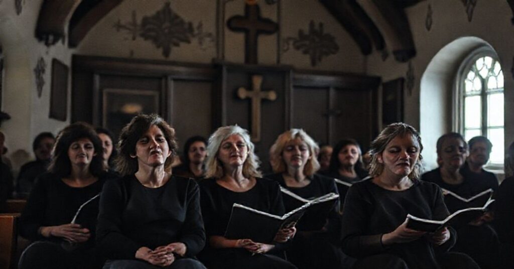 Skokliwy i deptowny obraz nowoczesnej mistyfikacji chorału gregoriańskiego w opactwie Keronana we Francji.