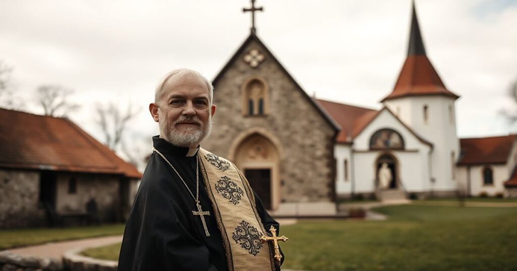 Portret 'abpa' Józefa Kupnego w tradycyjnych szatach biskupich przed średniowiecznym kościołem polskim z widokiem chrztu Mieszka I na tle, symbolizujący zagładę katolickiej prawdy przez posoborową hierarchię.