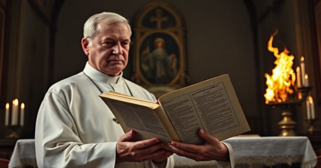 Sobór tradycyjny kapłan w kościele z Indeksem Ksiąg Zakazanych i obrazem Bożego Miłosierdzia w płomieniach
