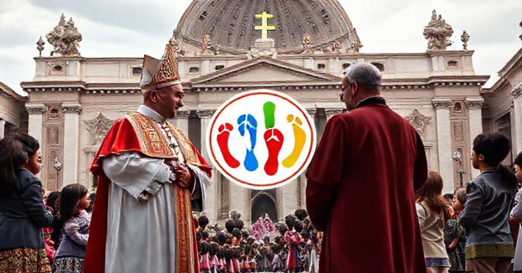 Scena z "papieżem" Leonem XIV i "kardynałem" Kevinem Farrellem przed Bazyliką Św. Piotra z dziećmi różnych kultur; logo z siedmioma kolorowymi odciskami stóp symbolizuje synkretyzm