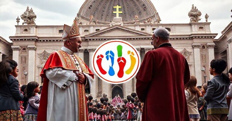 Scena z "papieżem" Leonem XIV i "kardynałem" Kevinem Farrellem przed Bazyliką Św. Piotra z dziećmi różnych kultur; logo z siedmioma kolorowymi odciskami stóp symbolizuje synkretyzm