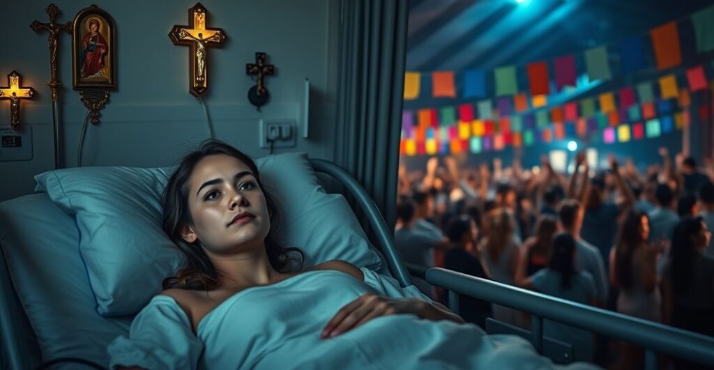 Młoda kobieta w łóżku szpitalnym otoczona krzyżami i ikonami, symbolizując napięcie między tradycyjną wiarą a współczesnym złudzeniem