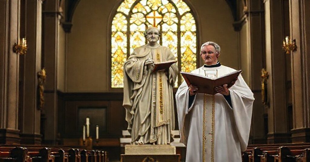 Statua Å›w. Augustyna w tradycyjnym koÅ›ciele katolickim z kontrastem nowoczesnego "papieÅ¼a" faÅ‚szujÄ…cego nauczanie katolickie