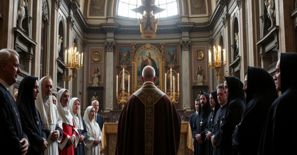 Scena w bazylice watykańskiej podczas fałszywej liturgii z udziałem uzurpatora 'Leo XIV' i zdegenerowanych wspólnot posoborowych.