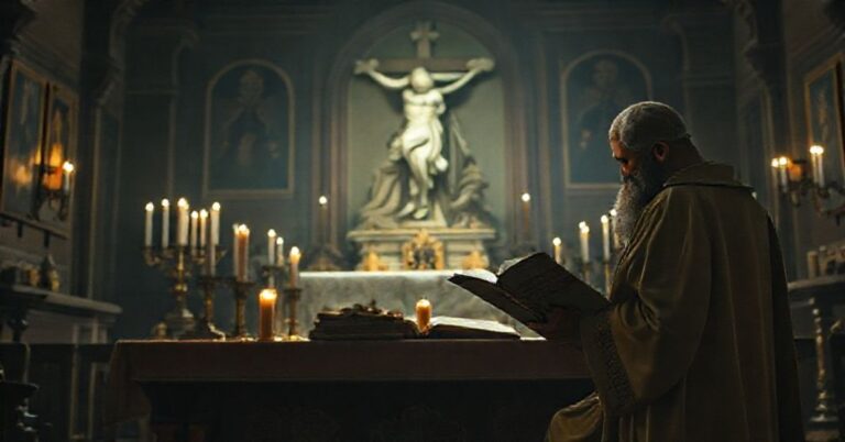 Tradycyjny ołtarz katolicki z ikonami i świętymi obrazami, na tle którego św. Jan od Krzyża studiuje pismo święte podczas gdy w tle stoi postać symbolizująca antypapieża Leona XIV trzymająca dokument modernistyczny.