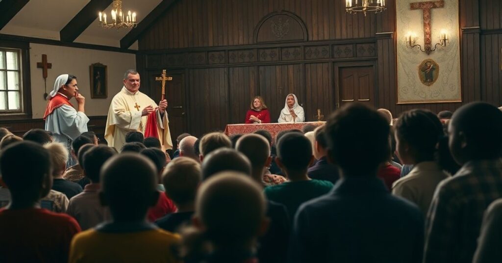 Grupa dzieci uczestniczących w fałszywej misyjnej uroczystości w Wyższym Seminarium Duchownym w Kaliszu, z nieprawdziwym kapłanem Łukaszem Buzunem przewodniczącym fałszywej mszy św., podczas gdy siostra Anna Jarosz przedstawia afrykańskie pieśni.