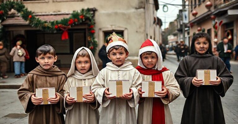 Dzieci w strojach biblijnych zbierają fundusze przed budynkiem publicznym w ramach misyjnej akcji