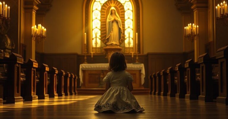 Prawdziwy obraz młodej dziewczyny w tradycyjnym stroju modlącej się w świątyni katolickiej przed obrazem Matki Boskiej Bolesnej, symbolizujący walkę z ideologią genderową.