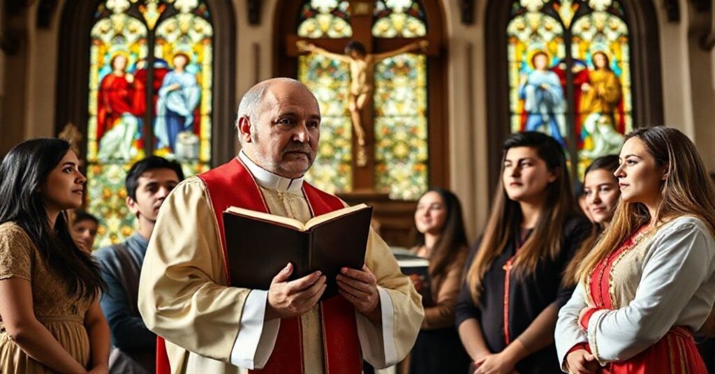 Tradycyjny ksiądz katolicki w ornacie stoi przed grupą młodych ludzi, trzymając Biblię i wskazując na krzyż. Tło przedstawia kościół z witrażami z biblijnymi scenami. Młodi ludzie wydają się rozmyślać i odkrywać prawdę przez wiarę.