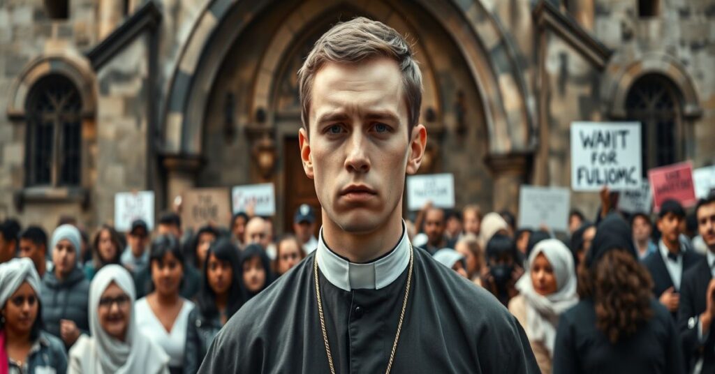 Młody katolicki mężczyzna stoi przed starym kościołem, tło przedstawia współczesne problemy społeczne: masową imigrację, feminizm i napięcia rasowe.