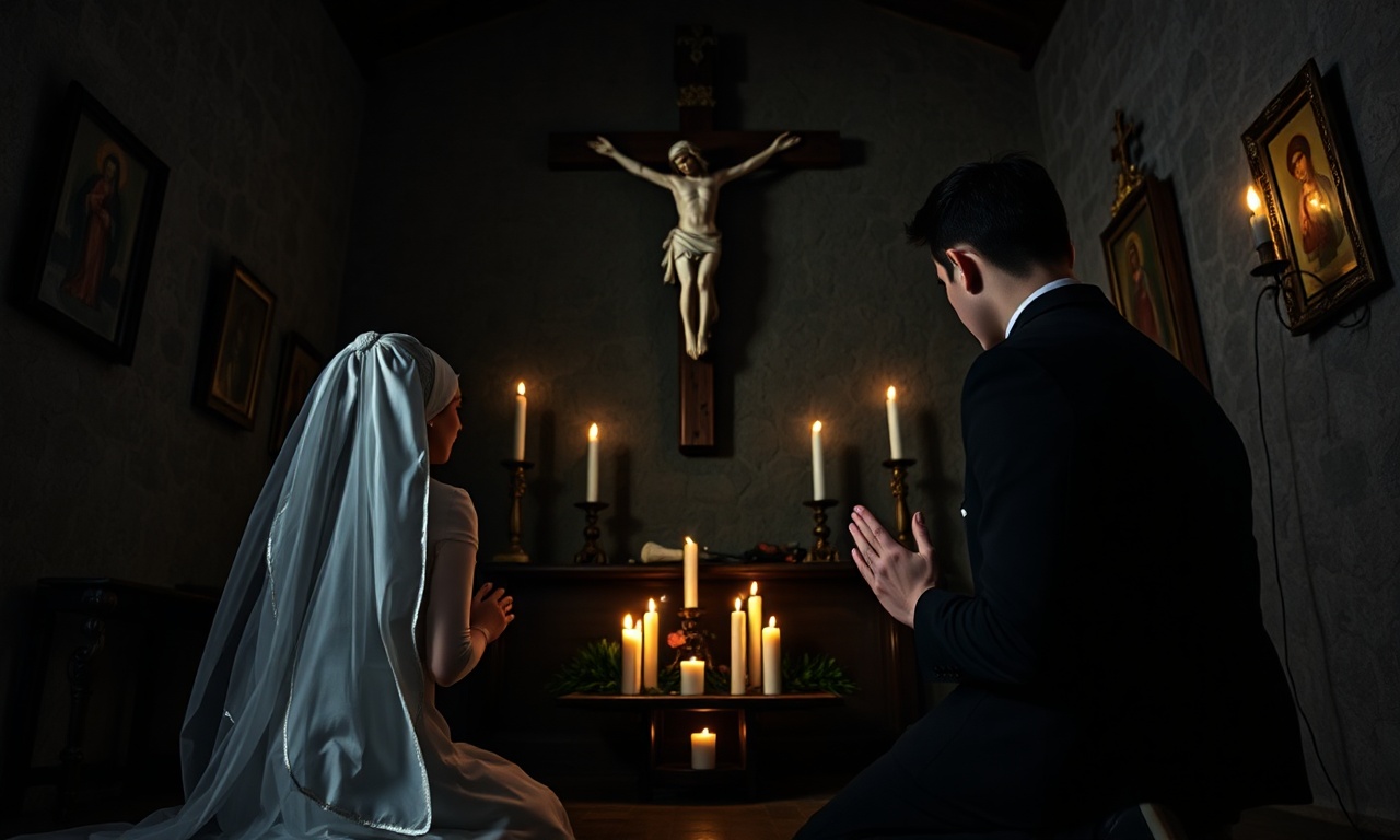 Młode katolickie parę modląca się w starożytnej kaplicy w Hiszpanii