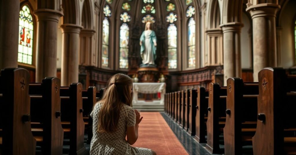 Młoda kobieta modli się podczas Godzinek przed rzeźbą Niepokalanej Maryi w tradycyjnym kościele katolickim
