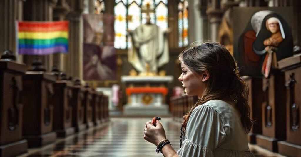 Młoda konwertytka Laura modli się przed posągiem Chrystusa Króla w tradycyjnym kościele katolickim. Na tle widać modernistyczne dysonanse w Kościele: flagę tęczową w prezbiterium, drag queena przy ołtarzu i Leona XIV w objęciach herezjatki.