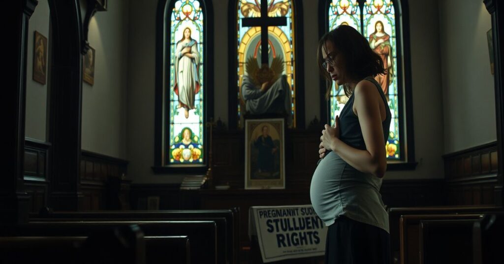 Młoda studentka modli się przed tabernakulum w tradycyjnej kaplicy katolickiej, jej ręce spoczywają na brzuchu - symbolizującmacierzyństwo w kontekście walki z kulturą śmierci