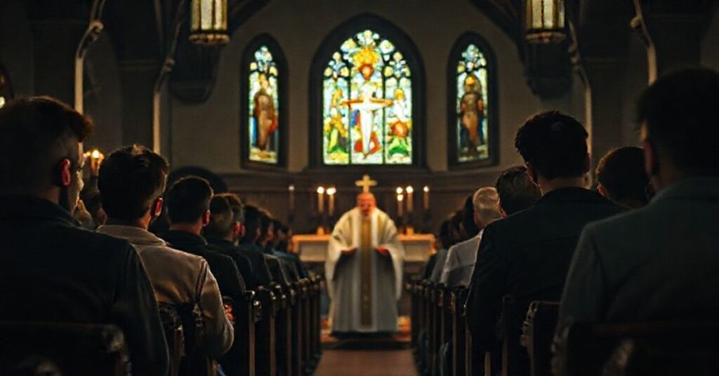 Wnętrze tradycyjnego kościoła katolickiego z grupą młodych mężczyzn w modlitwie przed tradycyjnym ołtarzem z kapłanem w sutannie