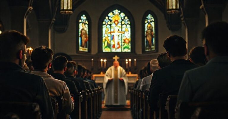 Wnętrze tradycyjnego kościoła katolickiego z grupą młodych mężczyzn w modlitwie przed tradycyjnym ołtarzem z kapłanem w sutannie