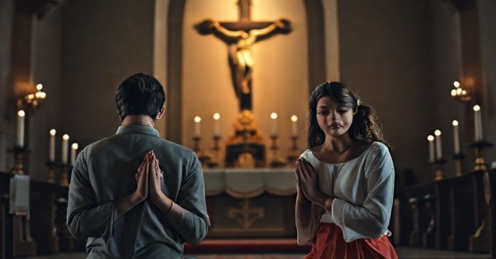 Młoda para katolicka w modlitwie przed tradycyjnym ołtarzem w kościele, otoczona naczyniami sakralnymi i świecami. Krzyż Chrystusa w tle symbolizuje miłość ofiarowania.