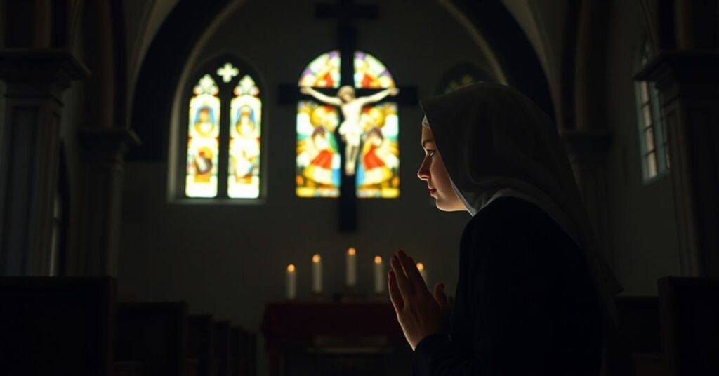 Młoda zakonnica w tradycyjnym habitcie modli się przed krzyżem w skromnej kaplicy. Scena oddaje głęboki dążenie duchowe i poświęcenie.
