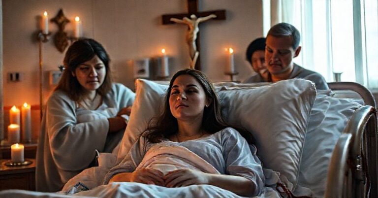 Młoda matka w tradycyjnym szpitalu katolickim, otoczona rodzinnymi i księdzem wykonującym ostatnie namaszczenie.
