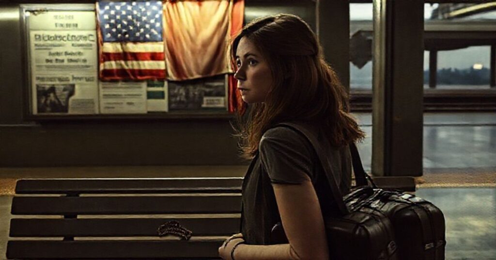 Portret młodej Amerykanki stojącej na dworcu kolejowym z walizkami, patrzącej z troską w kierunku krajobrazu Kanady. Scena symbolizuje moralny kryzys i ucieczkę od katolickich wartości.