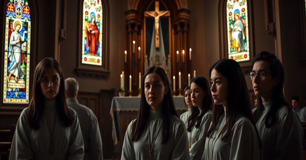 Młode Australijczyki w tradycyjnych szatach katolickich stoją w kościele, z wyrazem głębokiej refleksji na twarzach. Na tle ołtarz z krzyżami i świecami, a przez witraże widoczne sceny Męki Pańskiej. Atmosfera jest poważna i rozmyślna.