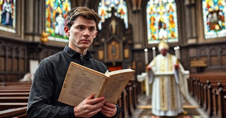 Młody mężczyzna w tradycyjnym kościele trzyma Syllabus Piusa IX na tle nowoczesnej liturgii