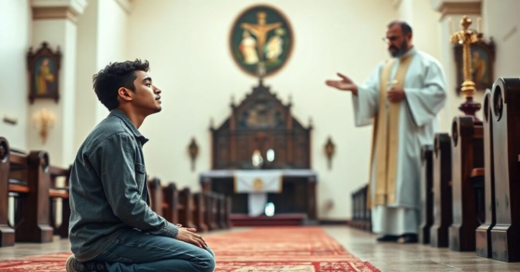 Młody bezdomny modlący się w kościele katolickim z księdzem udzielającym błogosławieństwa