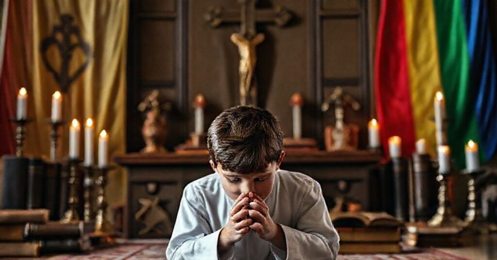 Młody chłopiec modlący się przed tradycyjnym ołtarzem katolickim w otoczeniu starych książ położnych teologicznych. Na tle rozmytych symboli ideologii genderowej.