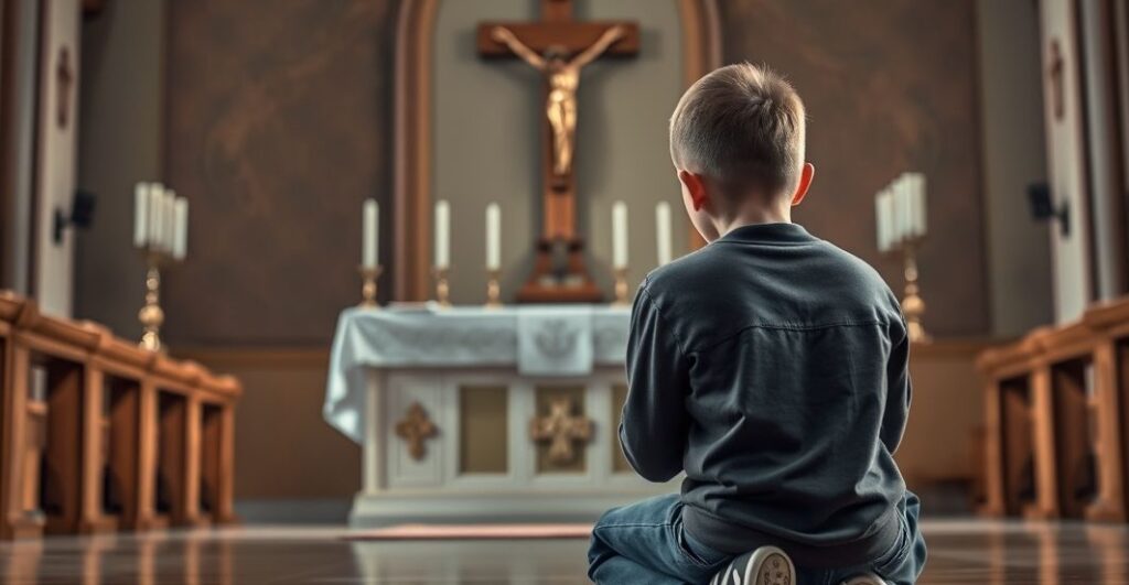 Rekonstrukcja młodego chłopca modlącego się w tradycyjnym kościele katolickim, ukazująca pełną powagę i autentyczną pobożność, z krzyżem i świecami na ołtarzu