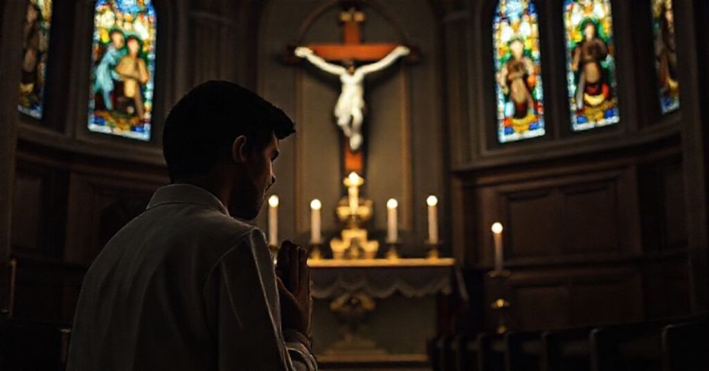 Młody człowiek modli sięc przed tradycyjnym krzyżem w kaplicy z monstrancją zawierającą NajŚwiętszy Sakrament, symbolizując prawdziwž chrześcijańskie świadectwo.