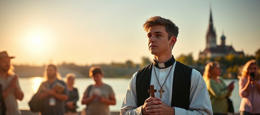 Młody mężczyzna w modlitwie nad rzeką Bug w Pratulinie podczas festiwalu Jerycho Młodych 2026