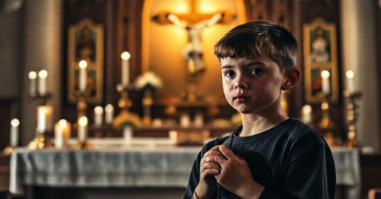 Młody człowiek modlący się przed ołtarzem w tradycyjnym kościele katolickim, trzymając różaniec.