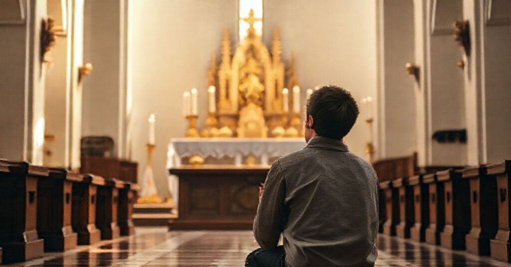 Młody człowiek modlący się w tradycyjnym kościele katolickim przed Monstrancją z Najświętszym Sakramentem