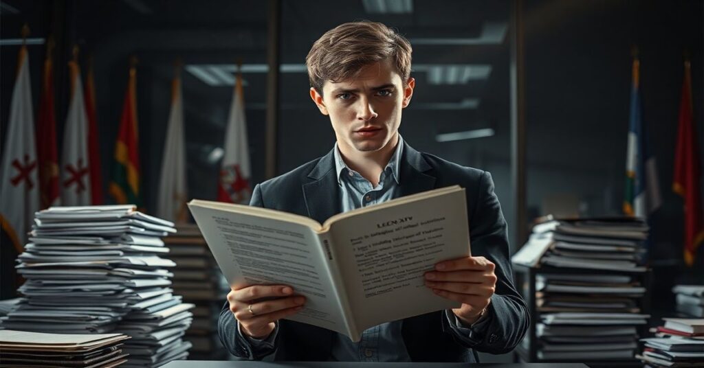 Młody człowiek w biurze z dokumentami i symbolami globalizmu, trzymający przemówienie Leona XIV o 'budowaniu mostów'