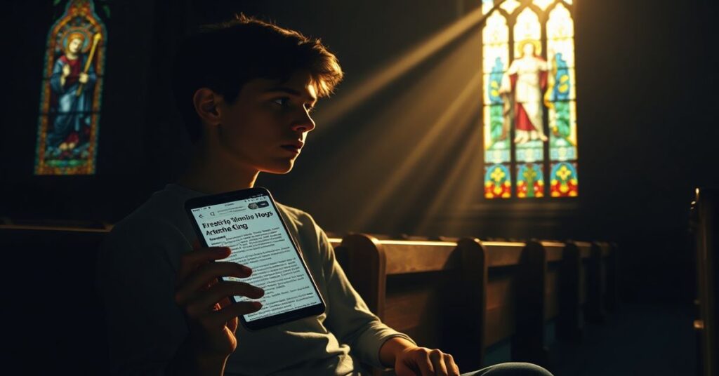 Osoba siedząca w ciemnej cerkwi przed ekranem z wiadomością o misji Artemis II