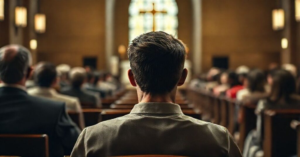 Młody człowiek w kościele słuchający fałszywego nauczania pseudo-biskupa Waldemara Musioła o emocjonalnej przyjaźni z Jezusem zamiast prawdziwej łaski sakramentalnej.