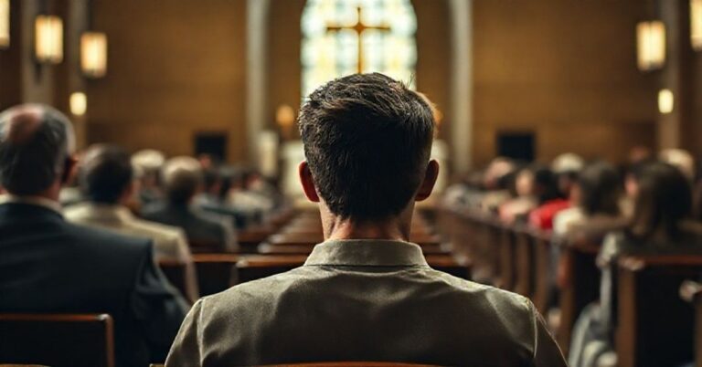 Młody człowiek w kościele słuchający fałszywego nauczania pseudo-biskupa Waldemara Musioła o emocjonalnej przyjaźni z Jezusem zamiast prawdziwej łaski sakramentalnej.