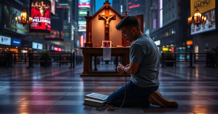 Młody człowiek w modlitwie przed katolickim ołtarzem z krzyżem i różańcem na tle miasta z nowoczesnymi ekranami
