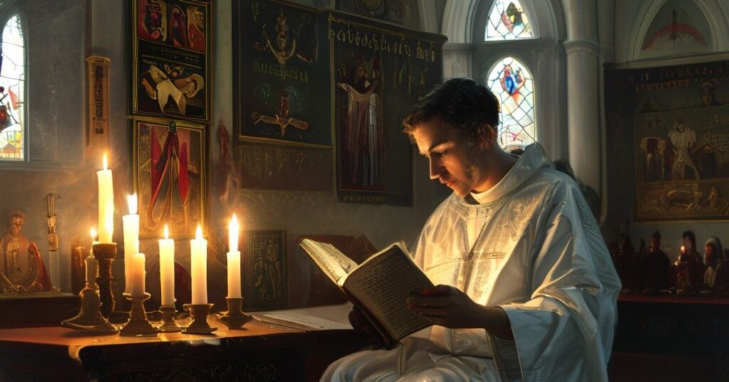 Młody mężczyzna czytający 'Szatańską Rewolucję' w tradycyjnym kościele katolickim