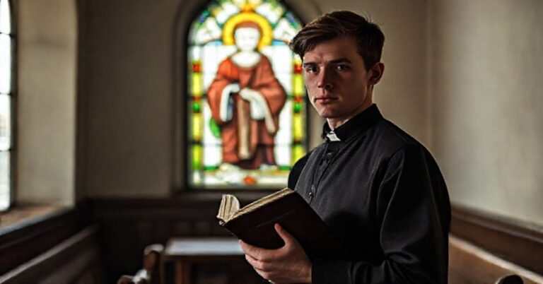 Młody Irlandczyk w tradycyjnej kaplicy katolickiej rozmyśla nad iluzjami neomodernizmu
