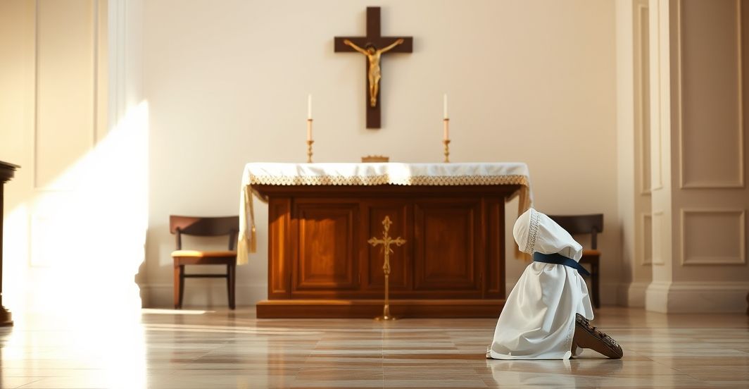 Młody katolicki chłopiec modlący się w kościele w duchu tradycyjnej pobożności Zdjęcie młodego katolickiego chłopca modlącego się w kościele, w tradycyjnym stroju, ukazujące pobożność i pokorę, w realistycznym, uroczystym otoczeniu sakralnym