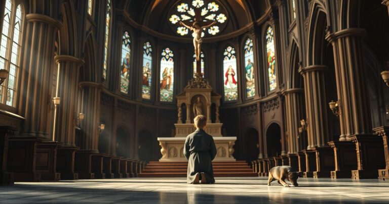 Młody katolik modlący się w kościele przy dużym ołtarzu z krzyżem, w spokojnej, pełnej szacunku atmosferze religijnej