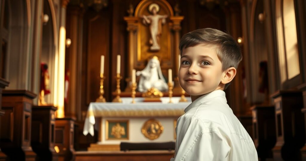 Młody chłopiec katolicki klęczący przed ołtarzem z Najświętszym Sakramentem w monstrancji w tradycyjnym kościele, wyrażający głęboką wiarę i cnotę heroiczna.