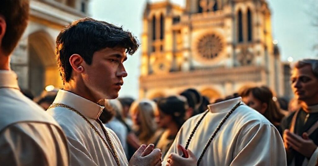 Młodzieniec trzymający różaniec przed katedrą Notre-Dame w Paryżu, symbolizujący katolicką wiarę i krytykę ekumenizmu
